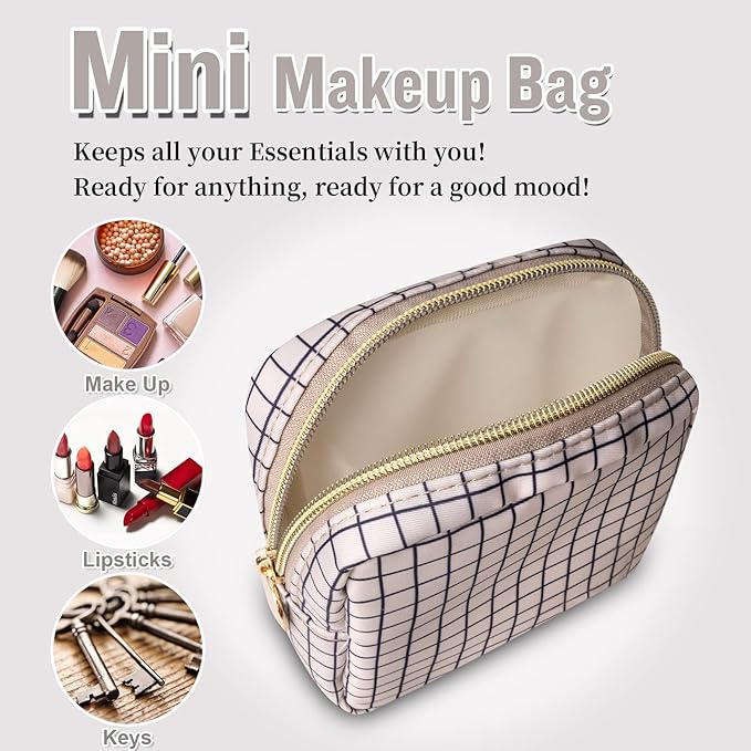 Nylon Mini Makeup Bag for Purse, Small Cute Checkered Makeup Bag Preppy Cosmetic Zipper Pouch Purse, Travel Coin Pouch Sanitary Napkin Storage Bag Clutch Make Up Organizer for Women Girls(Checkered)