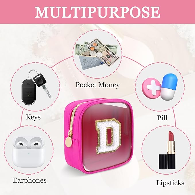 Mini Clear Personalized Initial Makeup Bag,Nylon Preppy A-Z Chenille Letter Patch Zipper Cosmetic Bag, Small Cute Beach Pouch Travel Purse Sanitary Napkin Storage Bag for Women Girls(Hot Pink-White D)