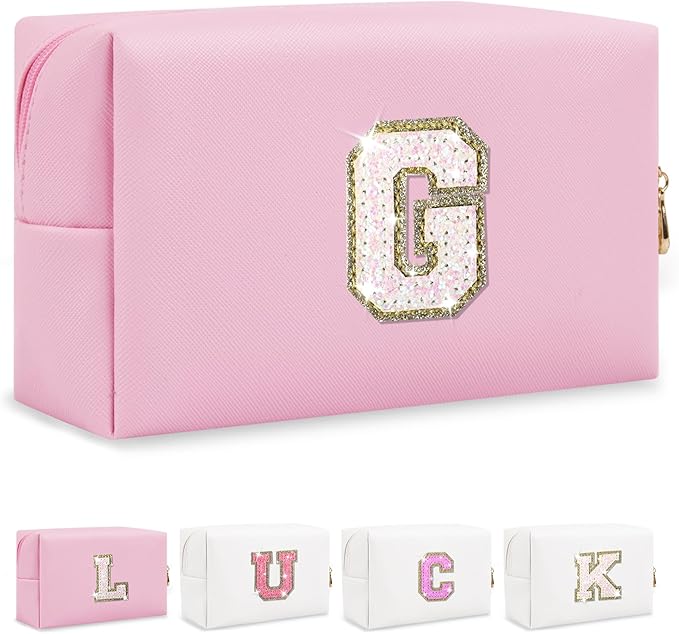 Initial Letter Patch Makeup Bag, Preppy Glitter Pouch Cosmetic Bag, Small PU Travel Toiletry Bag Zipper, Personalized Monogrammed Gift for Friends, Sisters & Teens (G)