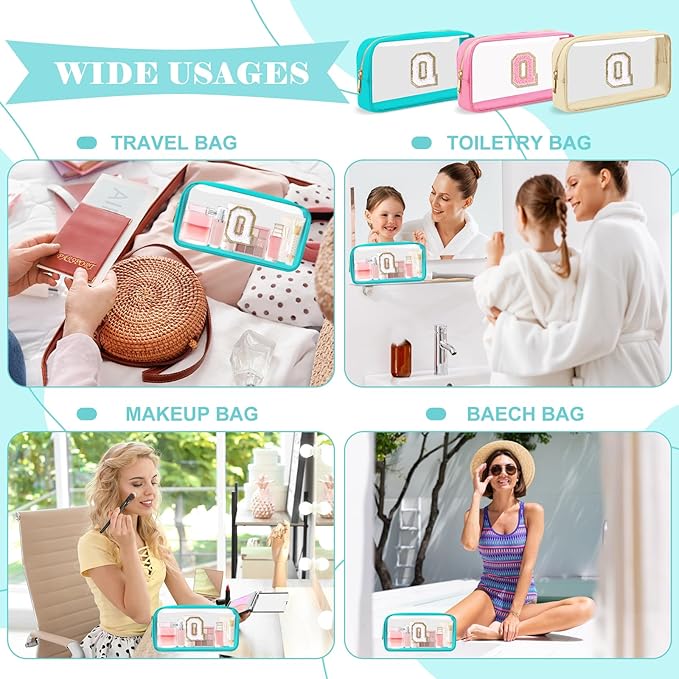 Personalized Initial Letter Clear Makeup Bag,Preppy Small Nylon&PVC Cosmetic Zipper Bag with Chenille Letter,Portable Beach Travel Skincare Toiletry Bag,Trendy Monogram Gift for Teen Girls Women,Q