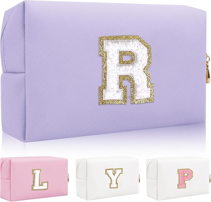 Personalized Initial Letter Patch Makeup Bag, Preppy Small Chenille Cosmetic Bag with Zipper, PU Leather Waterproof Travel Toiletry Bag Monogram Make Up Pouch for Women Girls