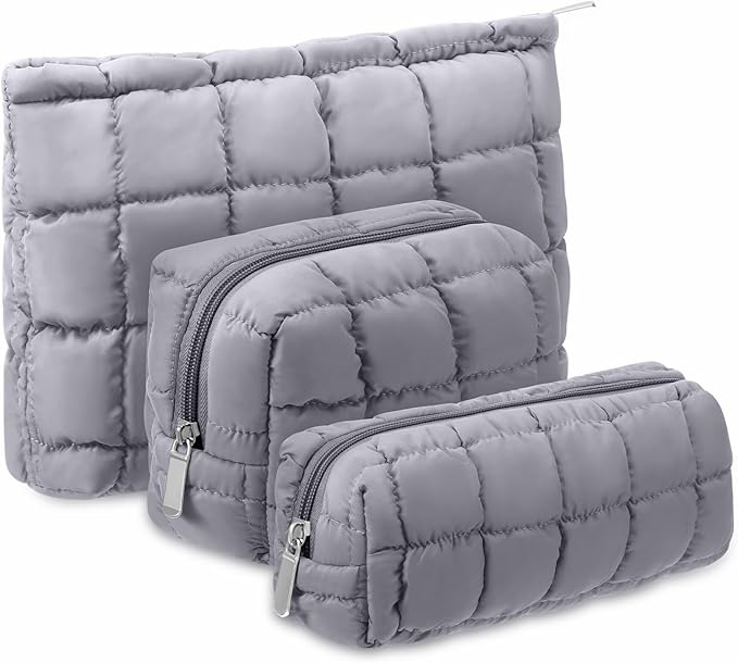 3 Pcs Puffy Makeup Bag Quilted Cosmetic Pouch for Women Cute Checkered Travel Toiletry Bag Puffer Makeup Organizer Purse Pouch Preppy Pencil Case with Zipper