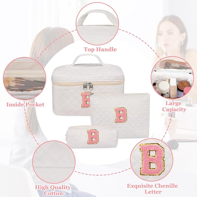 Initial Makeup Bag, Personalized Monogram Cosmetic Bag Set, Large Make up Bags | Travel Toiletry Bag | Makeup Bag for Girls Teen Girl Friend Sister Wife Girlfriend Gifts Daughter (Letter B)