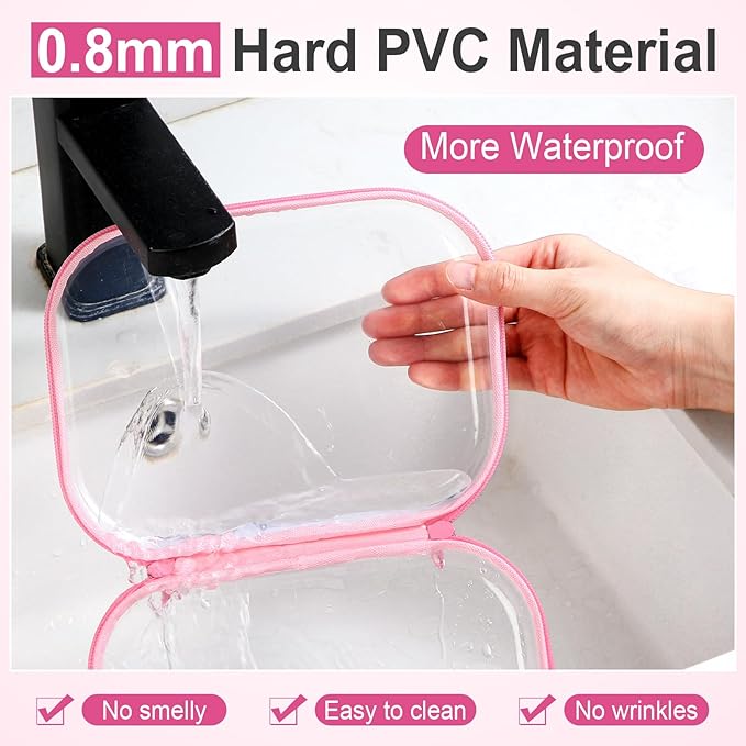 Sanwuta 6 Pcs Clear Hard Zipper Case Hard Plastic Zipper Pouches Makeup Bag Pencil Pouches Transparent Cases for Snacks Plastic Storage Organizer Box for Travel(Pink,7.87 x 5.9 x 2 Inch)