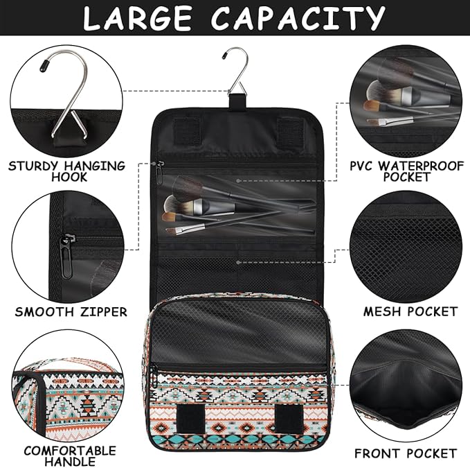 Travel Toiletry Bag for Women & Men Aztec Western Ethnic Hanging Cosmetic Organizer Portable Waterproof Makeup Case Make Up Bag with Compartments Travel Essentials for Bathroom Shower