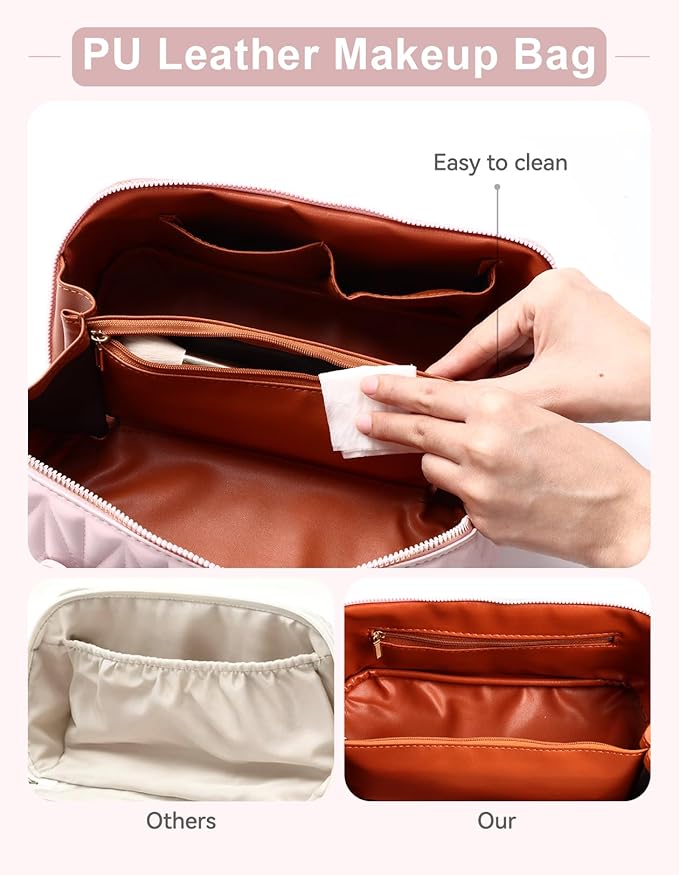 Travel Makeup Bag for Women, Large Capacity Cosmetic Bags for Girls, Compact Pouch Make up Organizer, Waterproof Toiletry Bag with Divider and Handle (Pink)