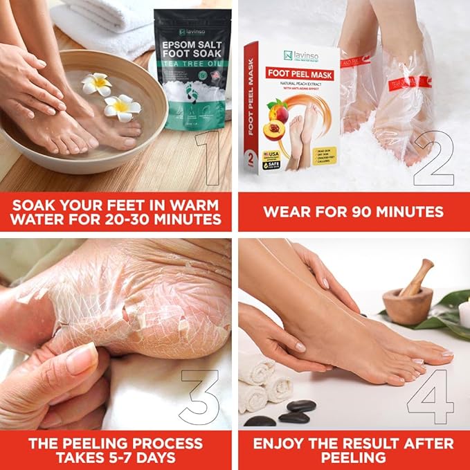 Lavinso Foot Mask that Removes Dead Skin and Callus - 3 Pack - Peach Feet Peeling Mask Extra Strength
