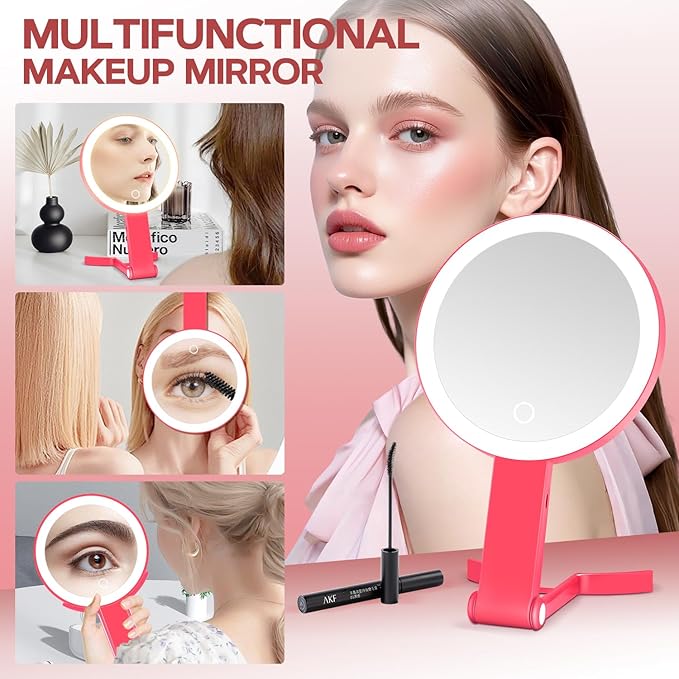 Lighted Makeup Mirror, 30X Magnifying Mirror with Light, Hanging and Handheld Mirror with Handle, Red