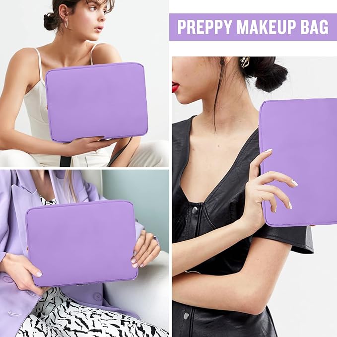 Nylon Large Makeup Bag Travel Cosmetic Bag Pouch, Preppy Big Makeup Bag Cute Cosmetic Zipper Pouch Purse, Waterproof Toiletry Bag Clutch Makeup Organizer Travel Essentials for Women Men Girls(Purple)