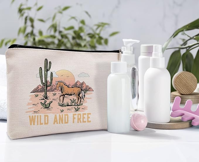 Wild and Free Cowgirl Cosmetic Bag, Wild West Retro Western Horse Cactus Desert Makeup Bag Zipper Cosmetic Pouch Bag Travel Linen Makeup Organizer, Cowgirl Gifts for Women Girls Teen Girls Her