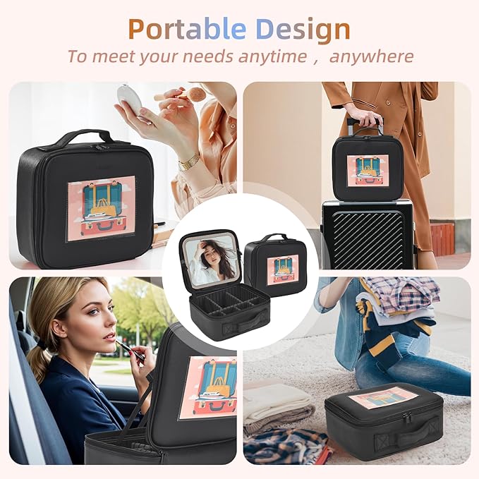 Travel Makeup Bag with LED Mirror,Removable Mirror with 3 Color Modes,Portable makeup travel organizer for Women,Makeup Case with 8 Adjustable EVA Dividers,Cosmetic Train Case with Lighted Mirror