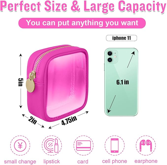 Mini Clear Travel Makeup Organizer Bag for Purse, Small Cute Makeup Bag Preppy Cosmetic Zipper Pouch Purse, Transparent PVC & Nylon Coin Pouch Sanitary Napkin Storage Bag for Women Men Girls(Hot Pink)