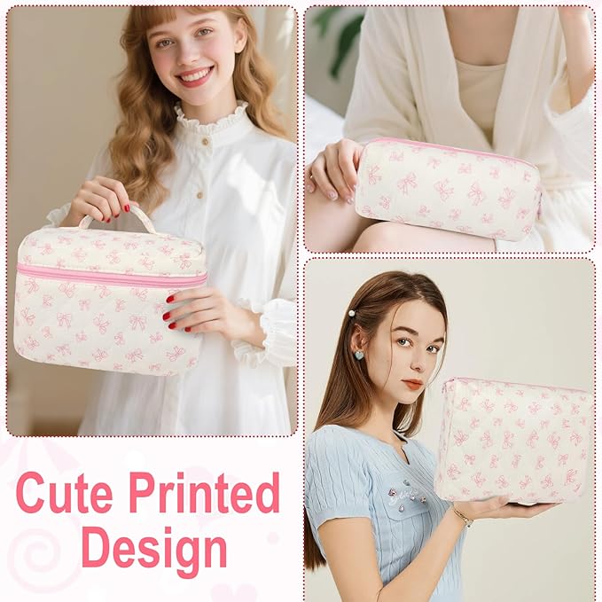 3Pcs Makeup Bag Quilted Cotton Cosmetic Bags for Women Large Small Pink Bow Makeup Pouch Set Cute Coquette Floral Travel Bags Portable Skincare Toiletry Bag Vintage Puffy Essential Organizer