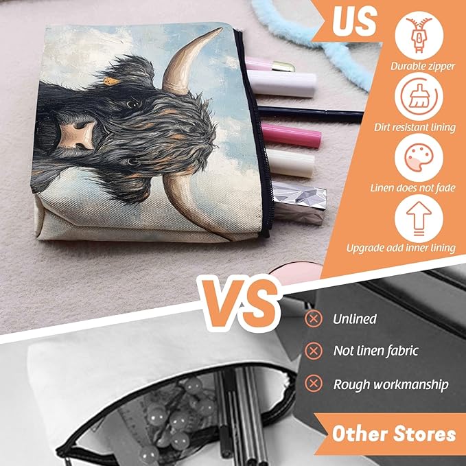 Cosmetic Bags Travel Makeup Toilet Case Waterproof Pouch for Women Girls 6.7X9.45inches - Black Yak With Large Horns in A Flower - Filled Meadow