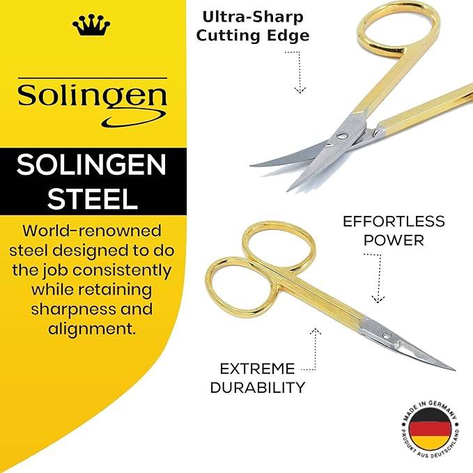 CS05 Professional Nail Cuticle Scissors, Hypoallergenic Gold Plated Sharp Curved Manicure Pedicure Grooming for Finger and Toe Nail Care. Made of Stainless Steel in Solingen, Germany
