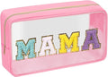 Iqimott Clear Patch Makeup Bag Mama Pouch, Preppy Personalized Chenille Letter Cosmetic Pouch for Travel, Nylon Waterproof Travel Essentials Zipper Toiletry Bags for Women Girls(MAMA, Pink)