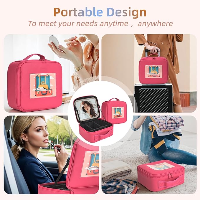 Travel Makeup Bag with LED Mirror,Removable Mirror with 3 Color Modes,Portable makeup travel organizer for Women,Makeup Case with 8 Adjustable EVA Dividers,Cosmetic Train Case with Lighted Mirror