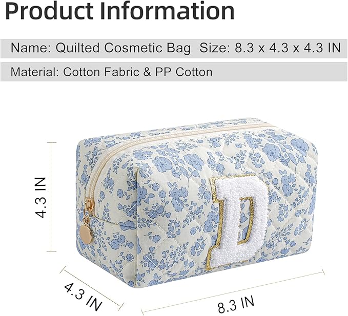 Gleyemor Personalized Initial Makeup Bag for Women, Cute Quilted Blue Floral Cotton Cosmetic Bag, Christmas Gifts for Her Mom Friend Sister Bridesmaid Teacher Women D