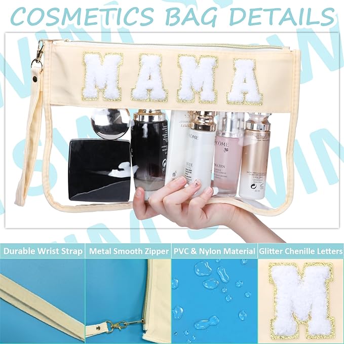 2 Pcs Preppy Patch Clear Mama Bag, Women Chenille Letter Makeup Cosmetic Bag for Travel, PVC Waterproof Organization Outdoor Zipper Pouch Toiletry Bag for Women Girl