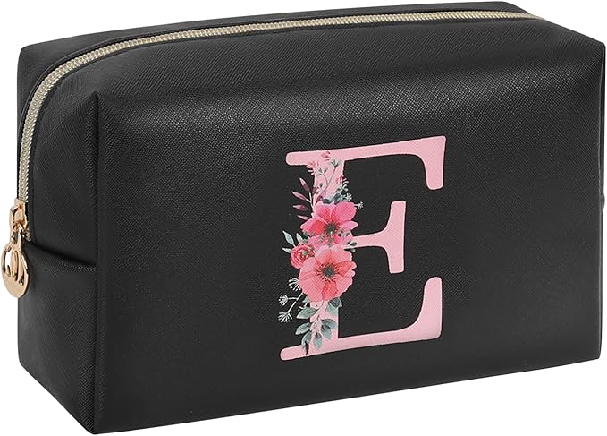 Personalized Initial Makeup Bag, Birthday Gifts for Women and Girls, Small Makeup Pouch Travel Toiletry Bag, Make Up Organizer Bag Gift Trendy Stuff for Friend Mom Teacher, Black