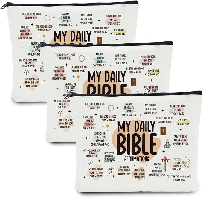 3 Pcs Inspirational Christian Gifts for Women: Bible Verse Scripture Makeup Bag Cosmetic Bag for Girl Daughter Bestie Friendship Gifts - Thanksgiving, Christmas, Graduation, Birthday