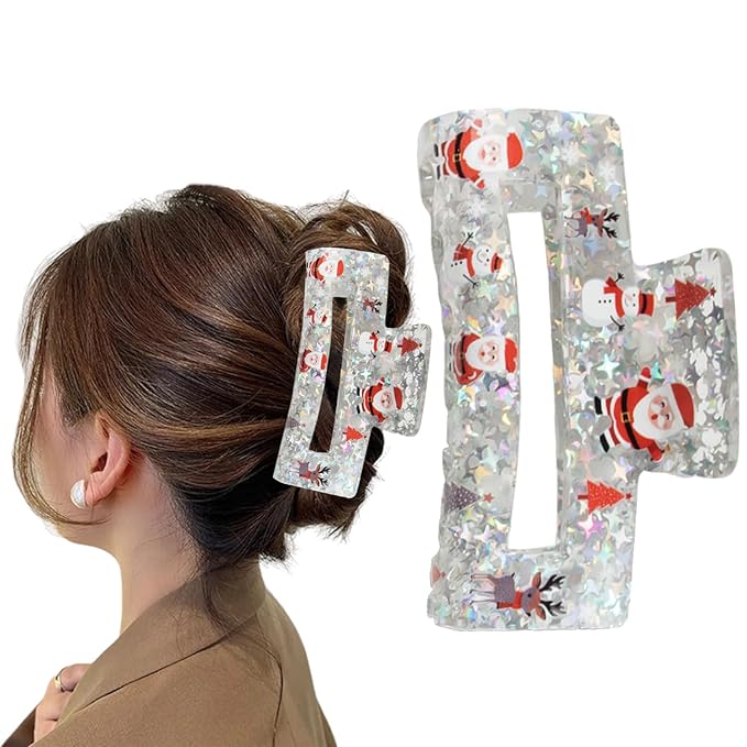 Christmas Hair Clips - Acrylic Square Transparent Large Claw Clip for Medium Thick Hair Styling - Santa Claus Elk Snowman Glitter Design Nonslip Clamp Accessories - 1Pcs Christmas Hair Decorations