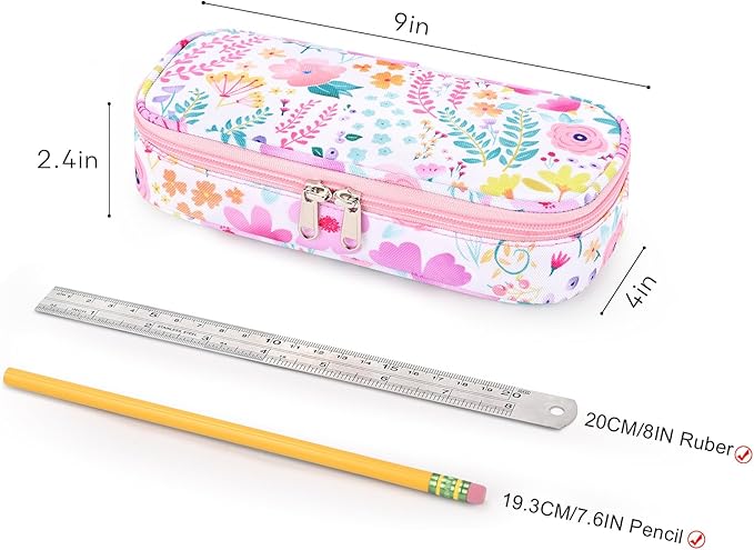 mibasies Girls Pencil Case for Kids, Multi-Slot Pencil Pouch, Flower Pink White