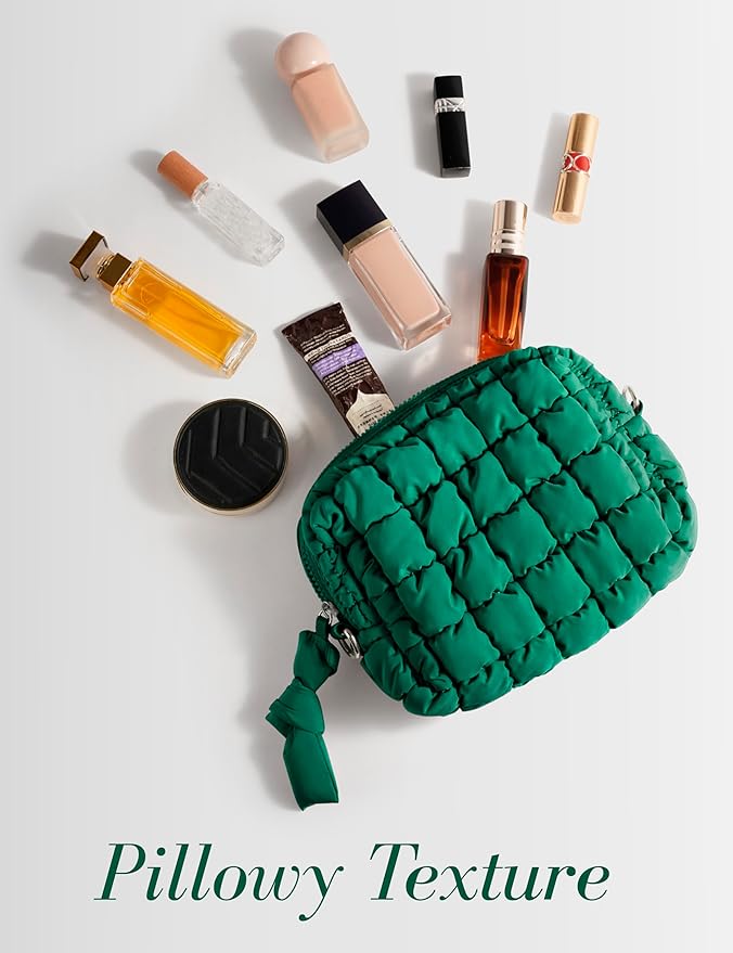Yarnic Quilted Makeup Bag Puffy Cosmetic Bag, Quilt Travel Toiletry Bag for Women, Puff Cute Makeup Bag Organizer Puffer Makeup Pouch Soft(M, Deep Green)