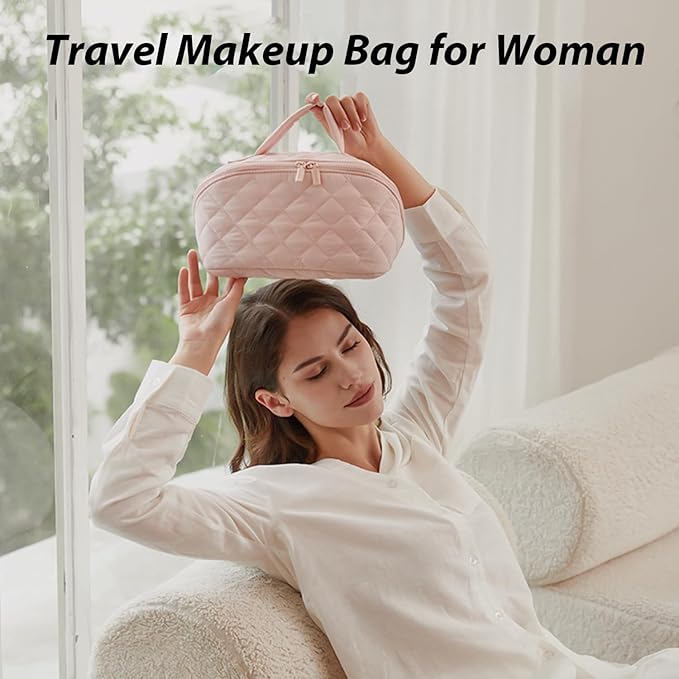 Makeup Bag for Woman, 180° Lay Flat Wide Open Makeup Bags, Large Fold out Washable Cosmetic Case, Quilted Puffy Toiletry Bags for Toiletries (Pink)