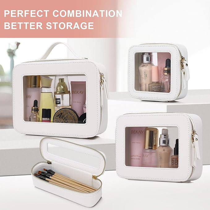 Pinkmik Clear Makeup Bag for Women Waterproof Travel Cosmetics and Toiletries Case Portable Makeup Oaganizer Bag Clear Car Bag with Zipper (White, M+L)