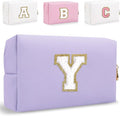 Small Personalized Letter Makeup Bag, Cute PU Leather Chenille Letters Cosmetic Bag Travel Makeup Pouch, Preppy Travel Organizer Zipper Pouch for Women&Girls（Purple-Y）