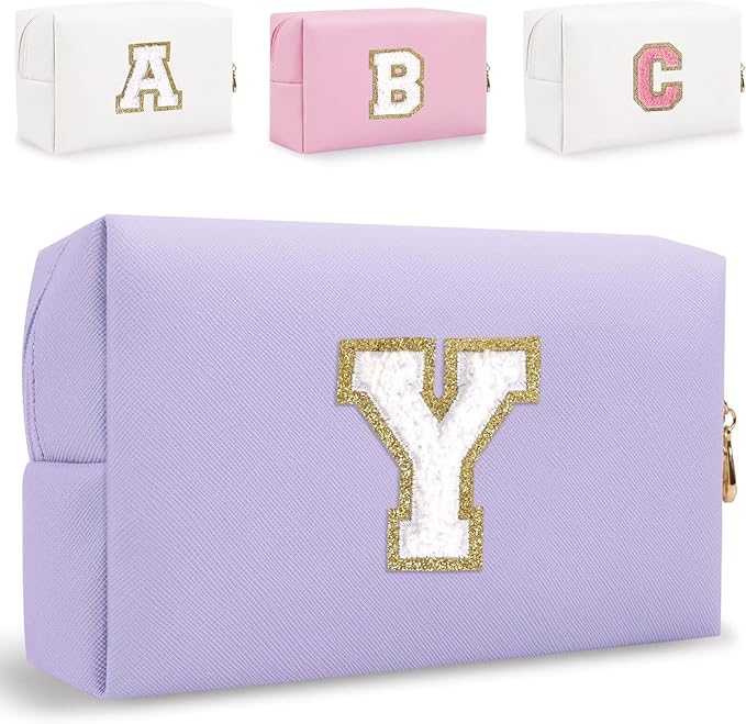 Small Personalized Letter Makeup Bag, Cute PU Leather Chenille Letters Cosmetic Bag Travel Makeup Pouch, Preppy Travel Organizer Zipper Pouch for Women&Girls（Purple-Y）