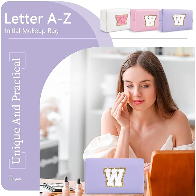 Personalized Makeup Bag Initial A-Z Preppy Patch Bag,Small PU Leather Travel Cosmetic Bag Pouch with Zipper,Purple Cute Toiletry Bag,Gift Ideal for Teen Girls Women Birthday Friend Mom,Latter W