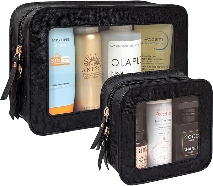 Clear Makeup Bag Set for Women Portable Clear Makeup Bag Cute Waterproof Travel Cosmetic Bag Travel Essentials Car Accessories for Women Men(Black, Standard + Mini)