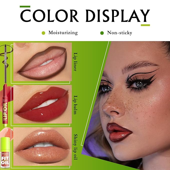 Brown Lip Liner Glitter Lip Gloss Oil Click Lip Balm, Hydrating Lipstick Tinted Lip Oil for Women Makeup Lightweight Non Sticky Liquid Lipstick Lip Liner Pencil Combo Set