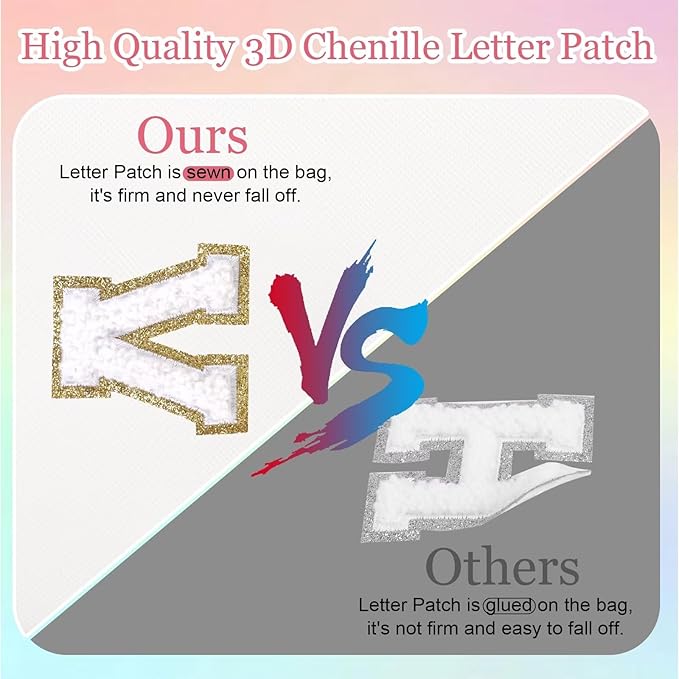 Small Personalized Letter Makeup Bag, Cute PU Leather Chenille Letters Cosmetic Bag Travel Makeup Pouch, Preppy Travel Organizer Zipper Pouch for Women&Girls（White-F）