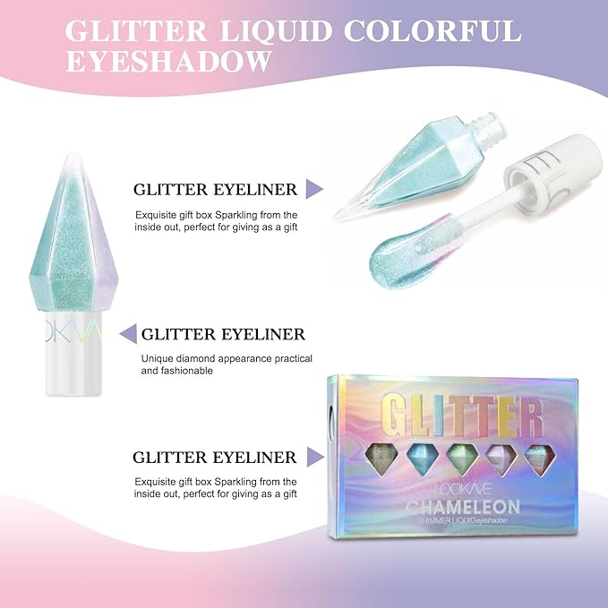 5 Pcs Liquid Eyeshadow Glitter Eyeliner Diamond Colorful Set with Shimmer and Waterproof Eye Shadow for Gift Eye Glitter Makeup（Colourful）