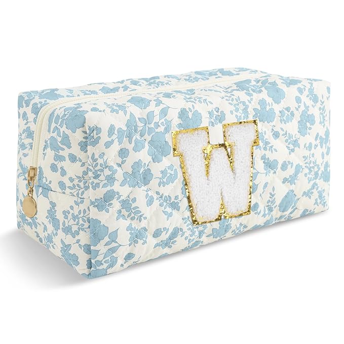 Personalized Quilted Cosmetic Bag, Puffy Monogrammed Christmas Birthday Gifts for Women & Girls, Cute initial Floral Makeup Bag Puffer Coquette Bag, Aesthetic Travel Toiletry Zipper Pouch(Blue,W)