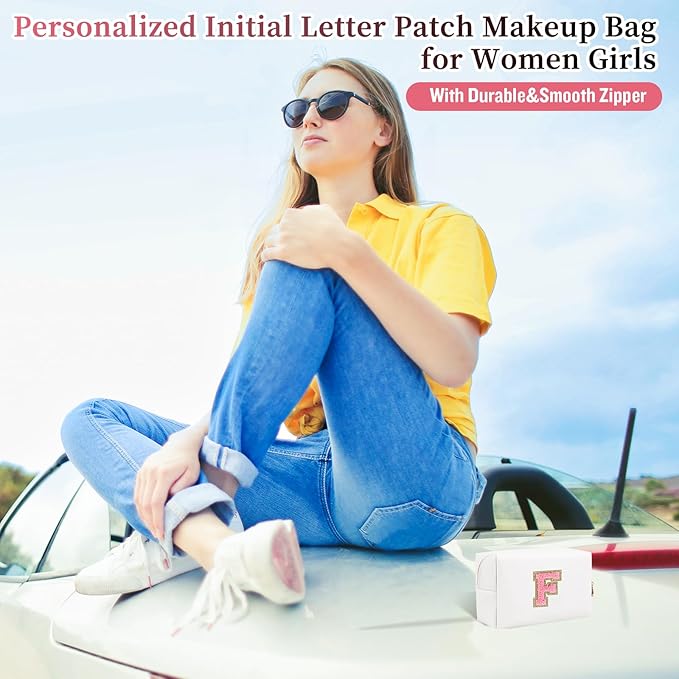 Personalized Initial Letter Patch Makeup Bag, Preppy Portable Chenille Letter Cosmetic Bag with Zipper, PU Leather Waterproof Travel Toiletry Bag Monogram Make Up Pouch for Women Girls(Letter F)