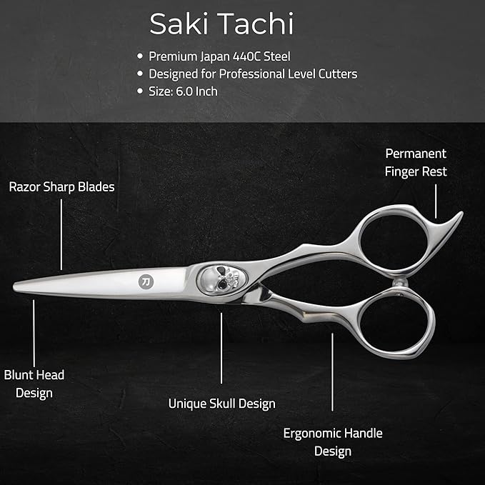 Saki Tachi Skull Screw Barber Shears/Scissors - 6 Inch Professional Barber Hair Scissors for Men - Japanese Steel