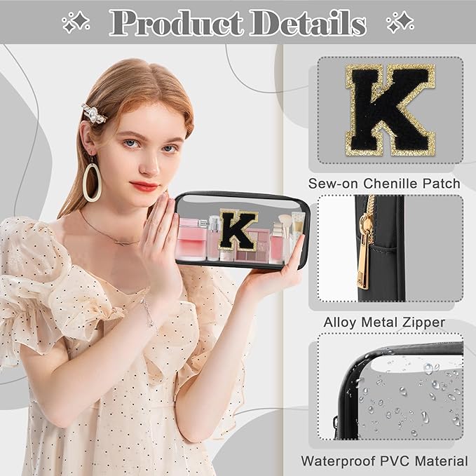 Personalized Initial Letter Clear Makeup Bag,Preppy Small Nylon&PVC Cosmetic Zipper Bag with Chenille Letter,Travel Skincare Toiletry Bag,Monogram Christmas Gift for Teen Girls Women,K