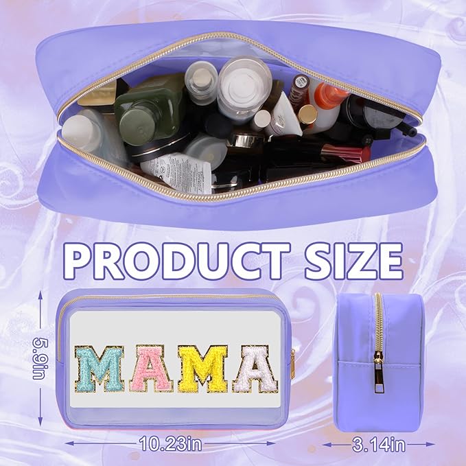 Iqimott Clear Patch Makeup Bag Mama Pouch, Preppy Personalized Chenille Letter Cosmetic Pouch for Travel, Nylon Waterproof Travel Essentials Zipper Toiletry Bags for Women Girls(MAMA, Purple)