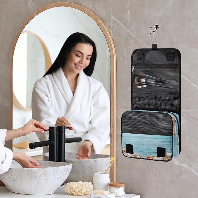 Travel Toiletry Bag for Women & Men Ocean Blue Starfish Hanging Cosmetic Organizer Portable Waterproof Makeup Case Make Up Bag with Compartments Travel Essentials for Bathroom Shower