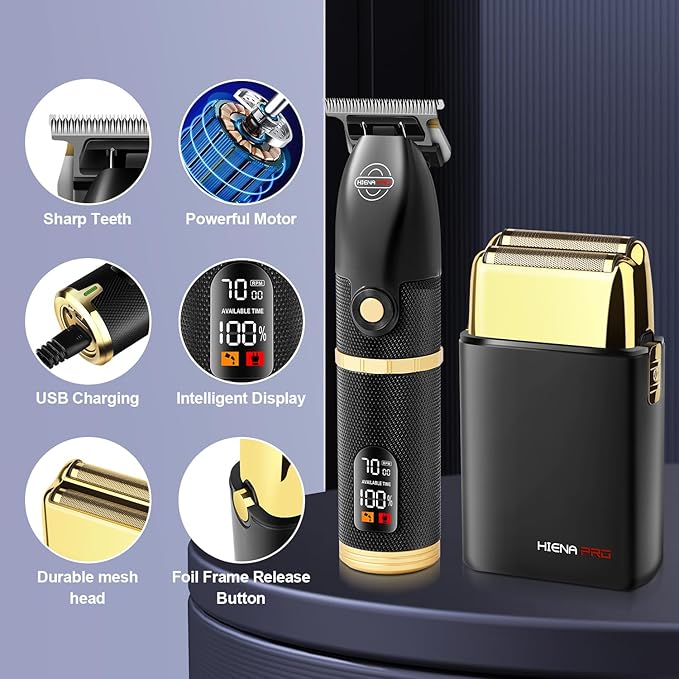 HIENA PRO Hair Trimmers and Foil Shaver for Men Kit,Men Professional Cordless Barbers Hair Clippers with LCD Display,Black Gold Zero Gapped Hair Trimmer, Double Foil Shaver