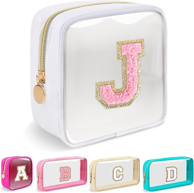 Mini Clear Personalized Initial Makeup Bag,Nylon Preppy A-Z Chenille Letter Patch Zipper Cosmetic Bag, Small Cute Beach Pouch Travel Purse Sanitary Napkin Storage Bag for Women Girls(White-Pink J)