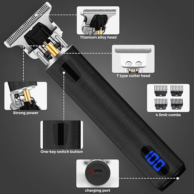 Professional Hair Trimmer for Men, Beard Trimmer Hair Clippers for Men, Cordless Rechargeable Hair Trimmer Metal Body Cutting Grooming Kit,Beard Shaver Barbershop (Black with LCD)