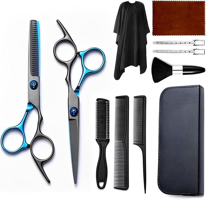 Hair Cutting Scissors Kit 11PCS, Professional Haircut Scissors with Japanese Stainless Steel Shears, Thinning Shears, Haircut Accessories in Leather Case for Salon/Home (Black - Blue)