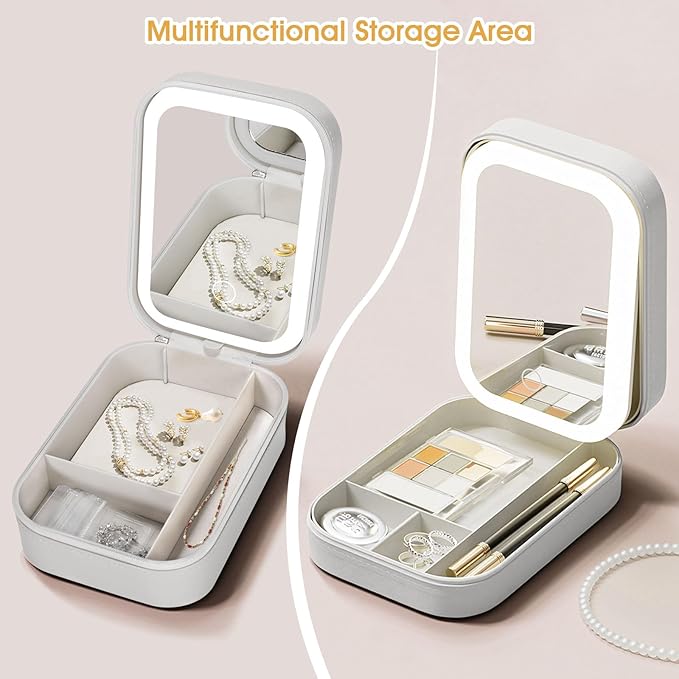 LiveGo 3-Color LED Travel Jewelry Case and Makeup Bag with Mirror, Dust-Proof Jewelry Box, 10 Sealed Jewelry Bags - Compact Cosmetic Mirror Case for Women Girls Travel Essentials (White)