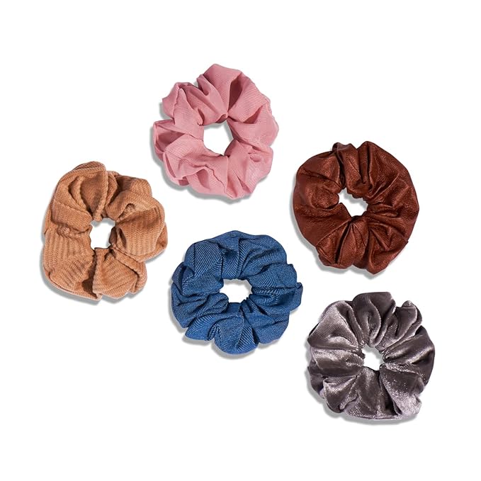 Gimme Beauty - Hair Scrunchies Variety Pack - Denim, Corduroy, Faux Leather, Blush, and Velvet Scrunchies - Gentle All Day Hold Hair Styling Accessories - No-Slipping, Snagging or Creasing (5 Count)
