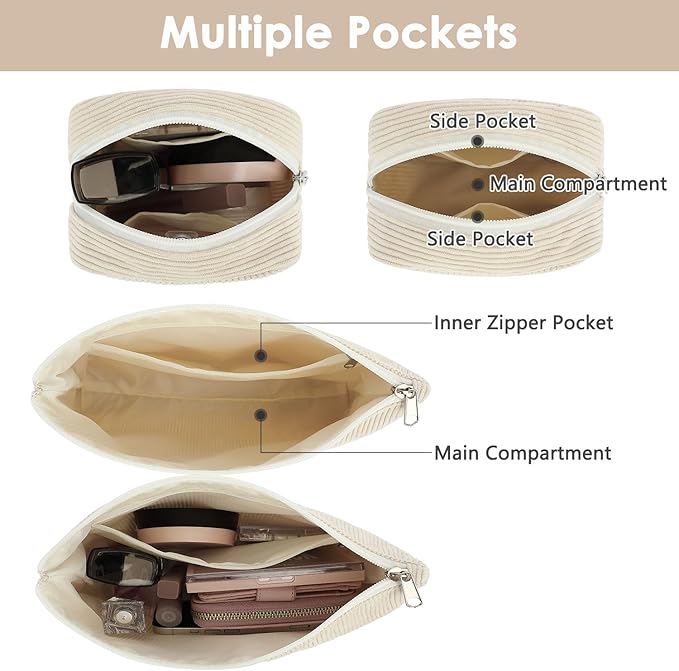 Corduroy Makeup Bag, Travel Cosmetic Bag Organizer Toiletry Bag Make Up Bags with Zipper & Compartments for Women Girls, 2PCS